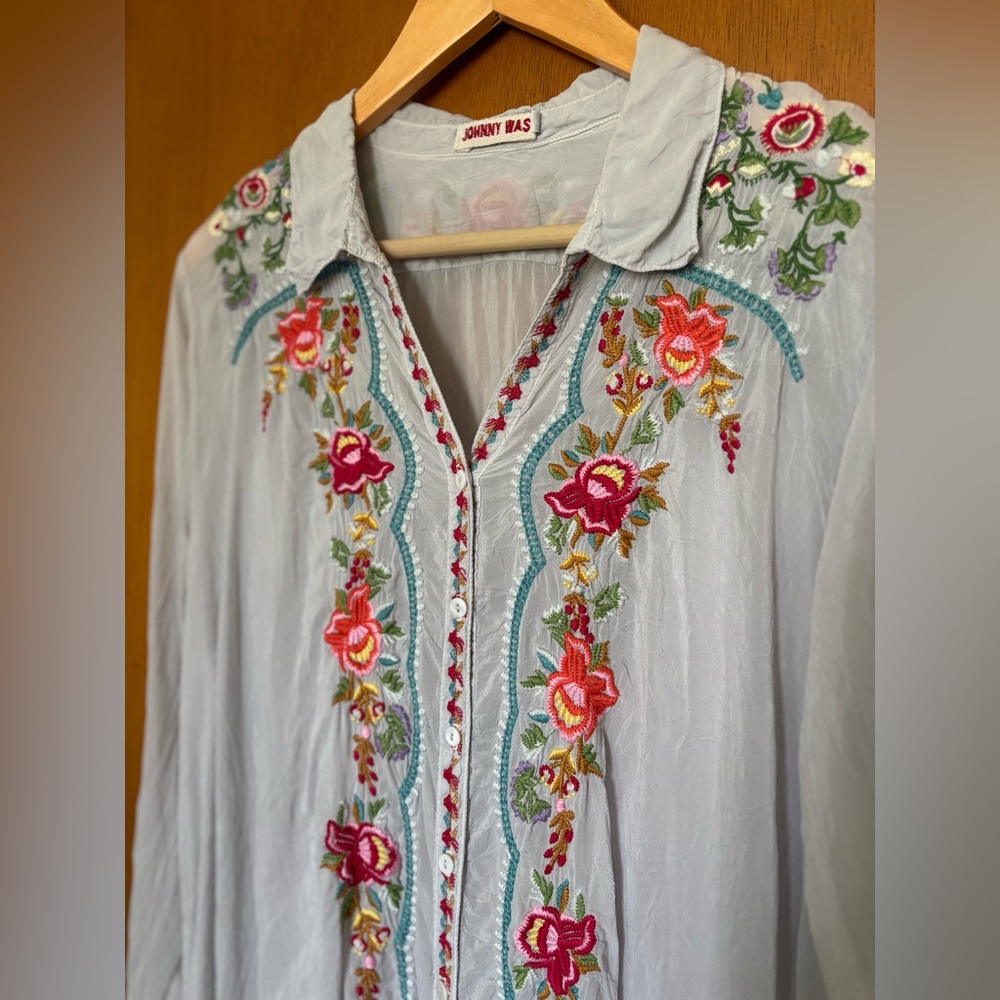 Johnny Was Embroidered sheer floral shirt dress